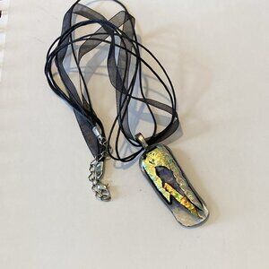 Foil Art Studio Dichroic Glass Blue Gold Choker Necklace Pendant Silk Cord